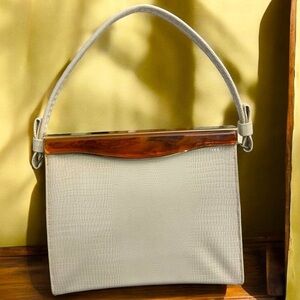 VINTAGE 1950’s AFTER FIVE 5 Made in USA Cream Leather Handbag Purse Dressy Bag